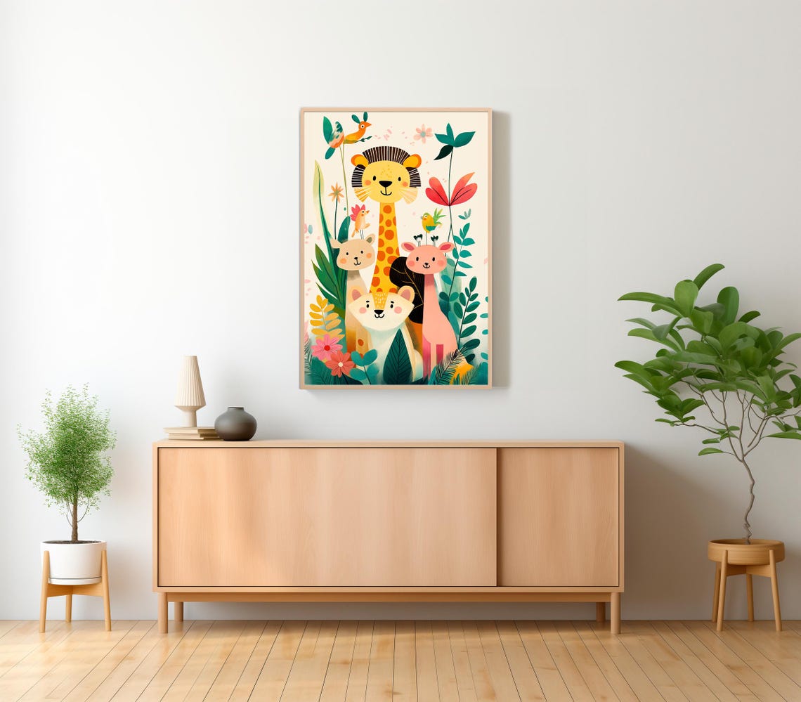 Happy Safari Animals Lion Giraffe Blooms Kids Nursery Decor Poster - Image 2