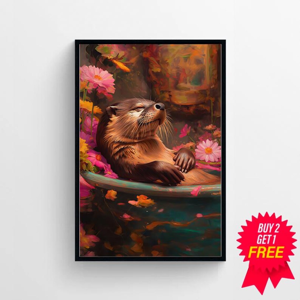 Dreamy Otter Resting in a Teal Tub Surrounded by Pink Flowers Poster - Image 4