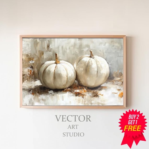 Two White Pumpkins in a Neutral Beige Oil Painting Still Life Art Poster