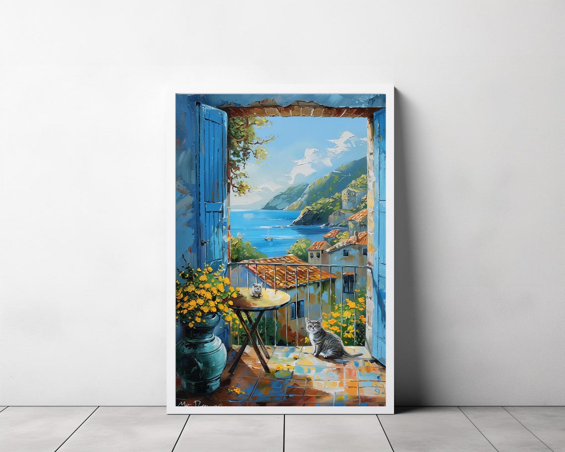 Tabby Cat on an Italian Coast Balcony with Yellow Flowers Art Poster - Image 3