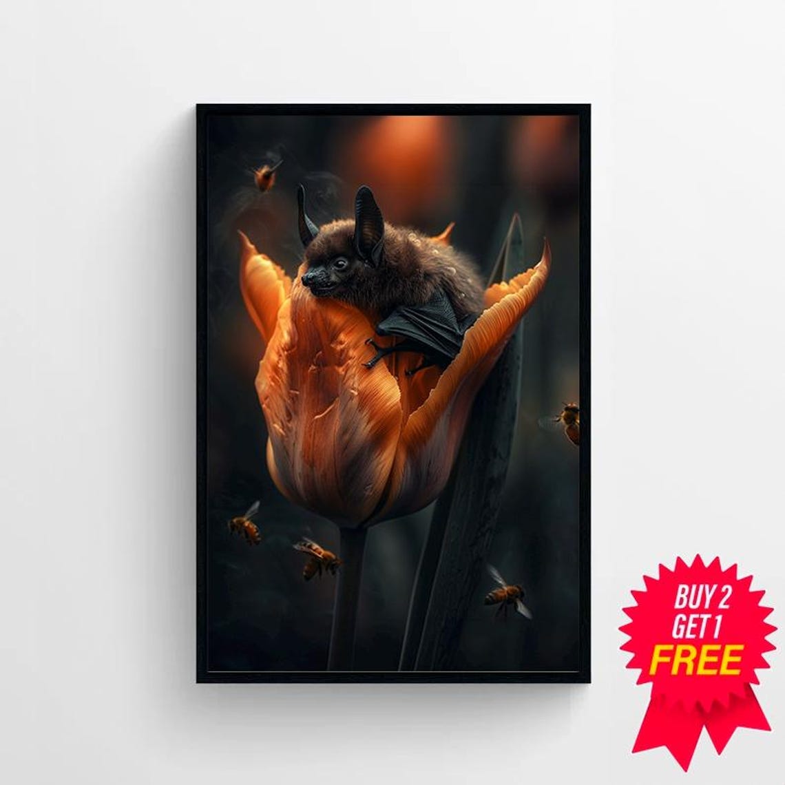 Whimsical Bat Nestled in a Fiery Orange Tulip Fantasy Night Poster - Image 4