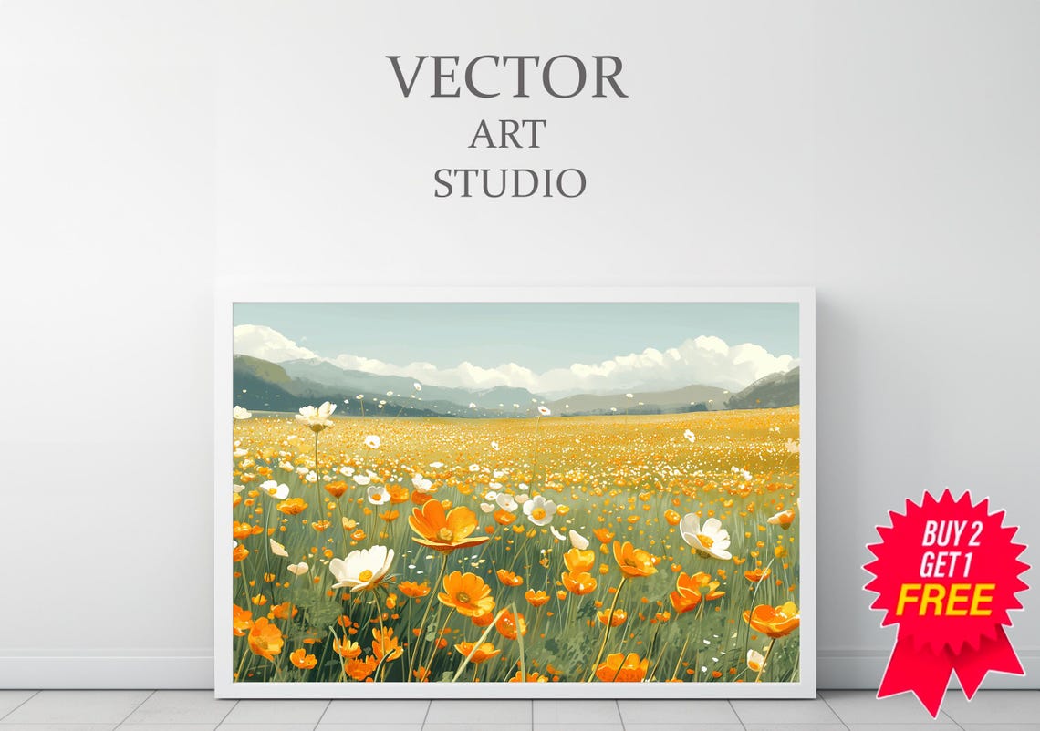 Sunlit Orange and White Wildflower Field Mountain Landscape Poster - Image 3