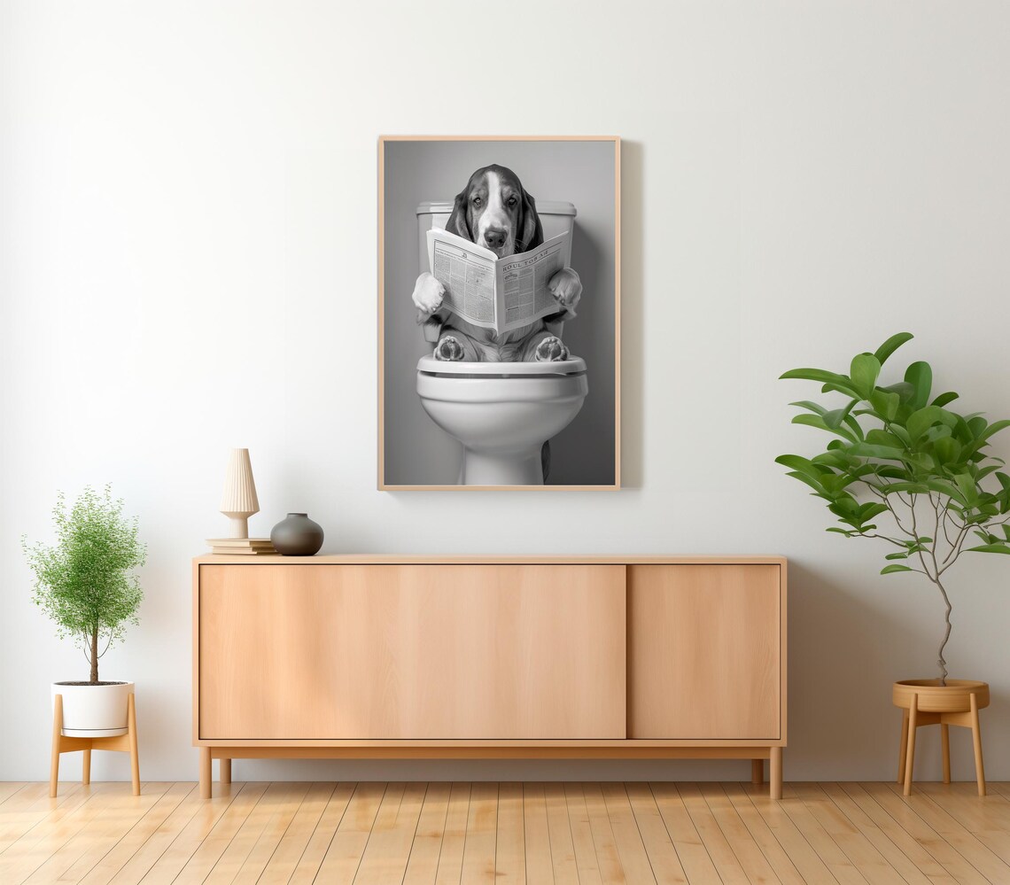 Basset Hound Reading Newspaper on Toilet Funny Animal Poster - Image 2