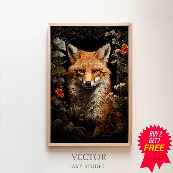 Red Fox Portrait in Dark Moody Floral Frame Wildlife Decorative Art Poster