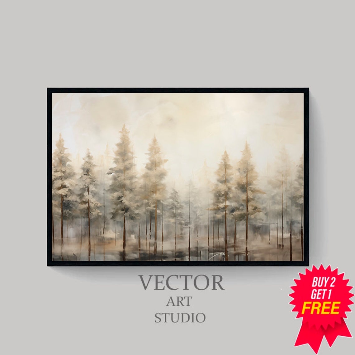 Foggy Pine Forest With Tall Thin Trunks Soft Blue Gray Poster - Image 4