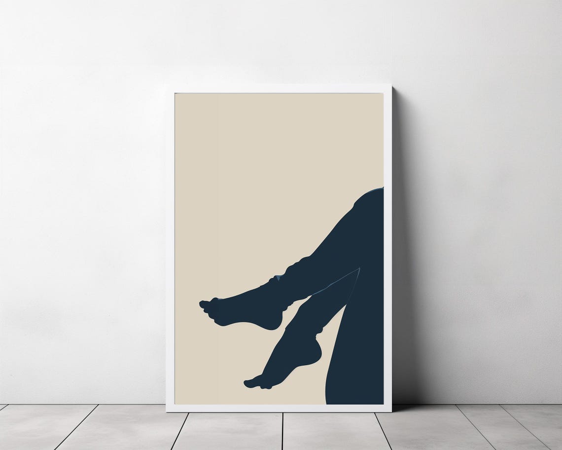 Crossed Blue Legs Minimalist Nude Figure Study on Beige Poster - Image 3