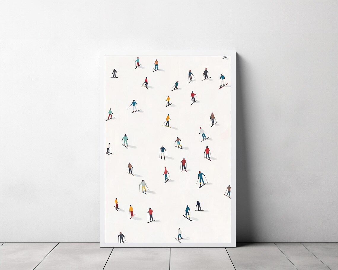 Minimalist Aerial View of Colorful Skiers on White Snow Poster - Image 3