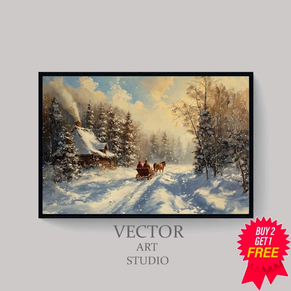 Horse Drawn Sleigh Past A Snowy Forest Cabin Winter Art Poster - Image 4