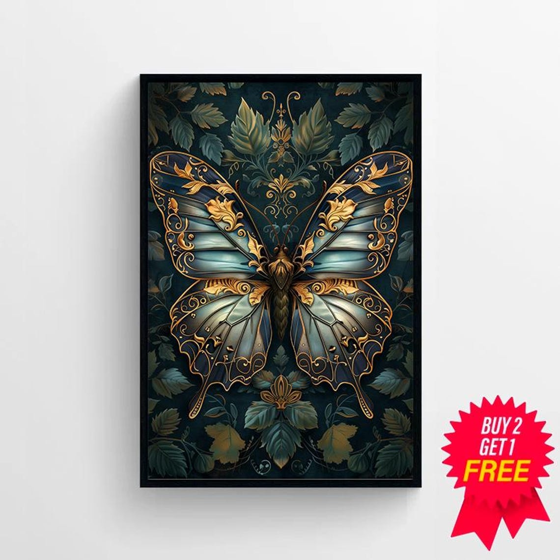 Blue and Gold Butterfly Baroque Vintage Botanical Floral Poster - Image 4