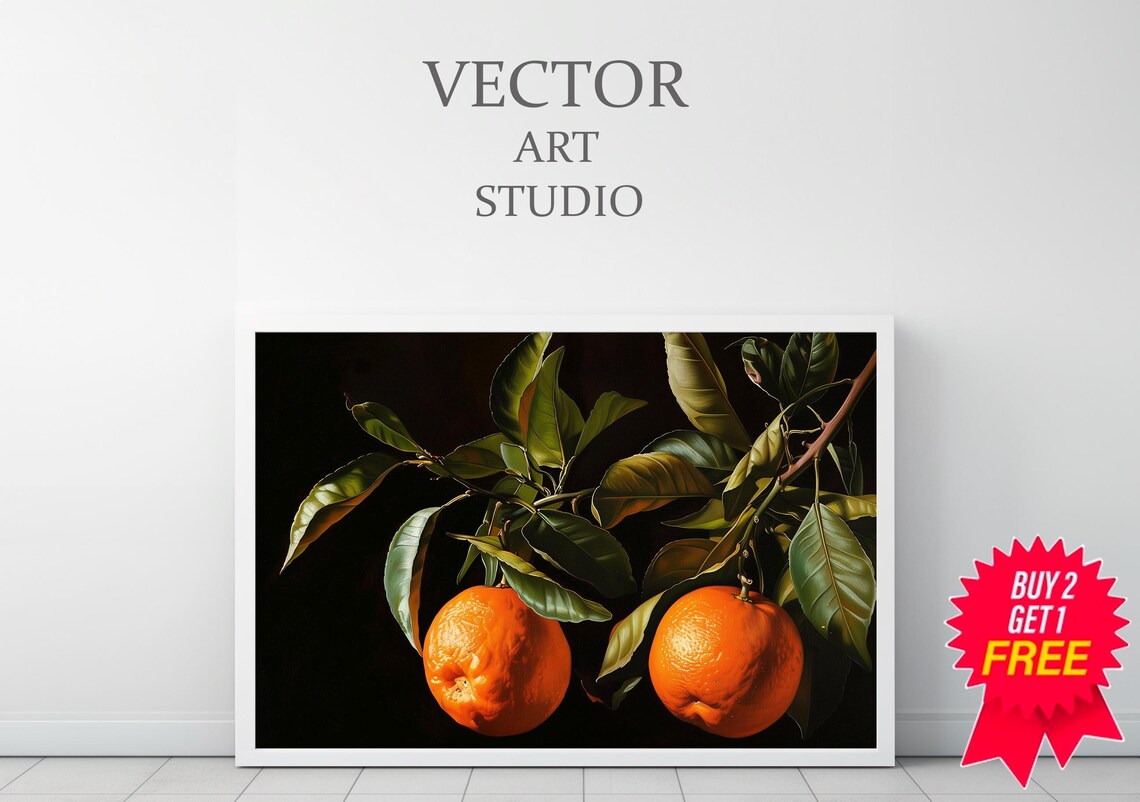 Pair of Sweet Oranges Hanging on a Leafy Branch Still Life Poster - Image 3