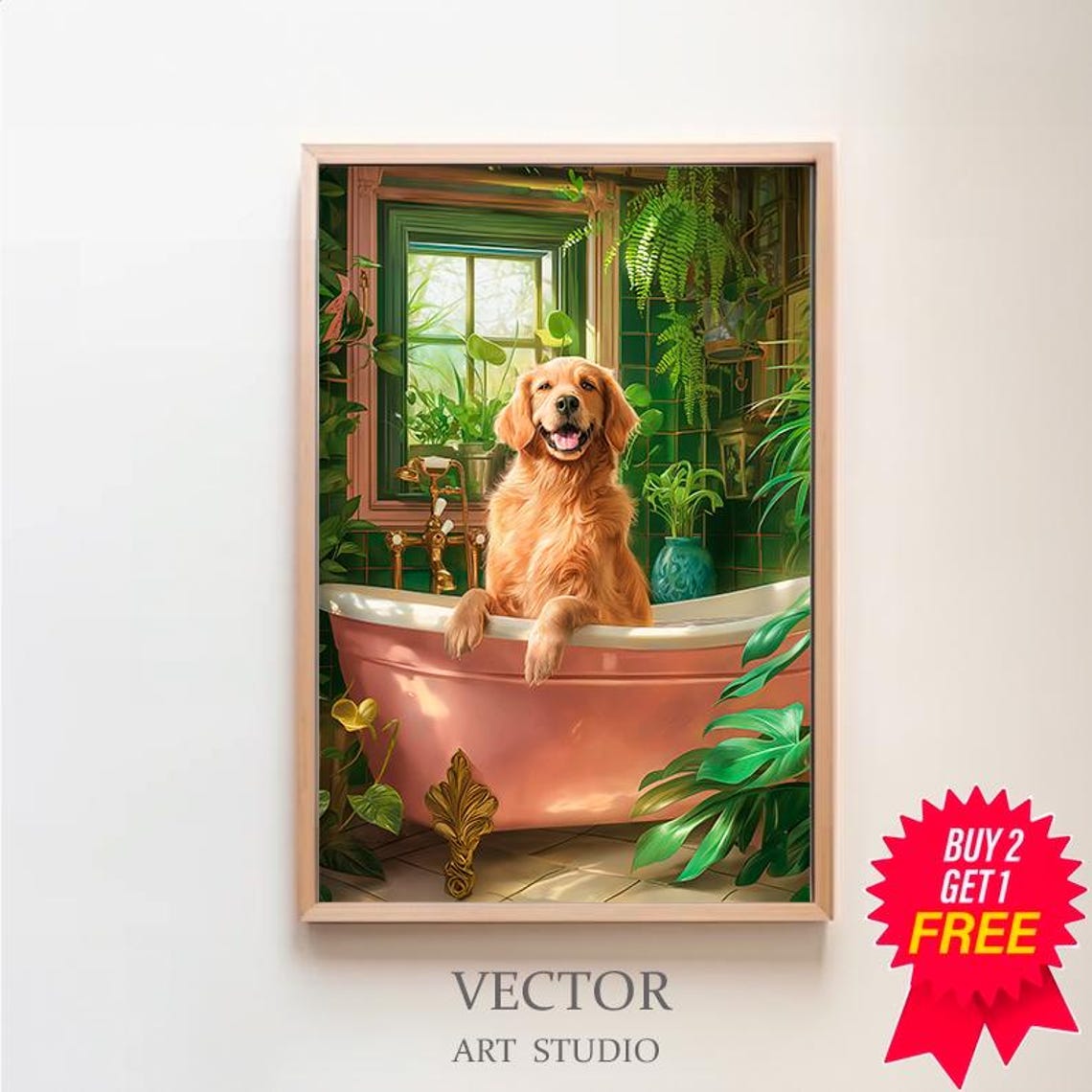 Golden Retriever Soaking in a Pink Bathtub Botanical Bathroom Poster