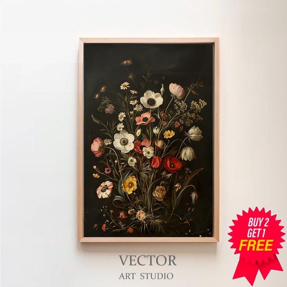 Dark Cottagecore Wall Art Moody Vintage Floral Print Living Room Housewarming Gift Dark Academia Decor