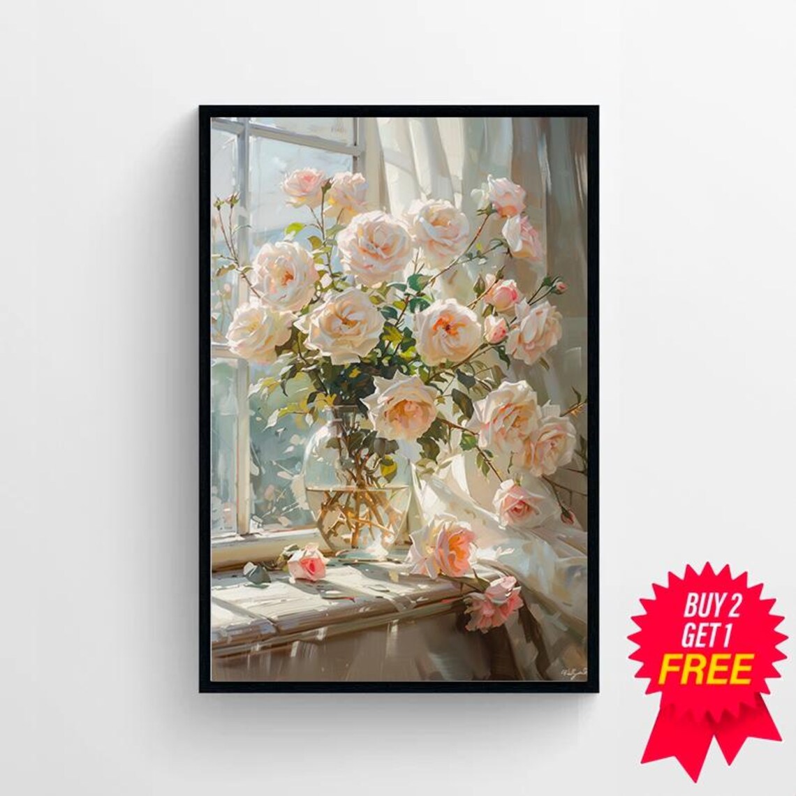 White Roses Bouquet in Glass Vase by a Sunlit Window Art Poster - Image 4