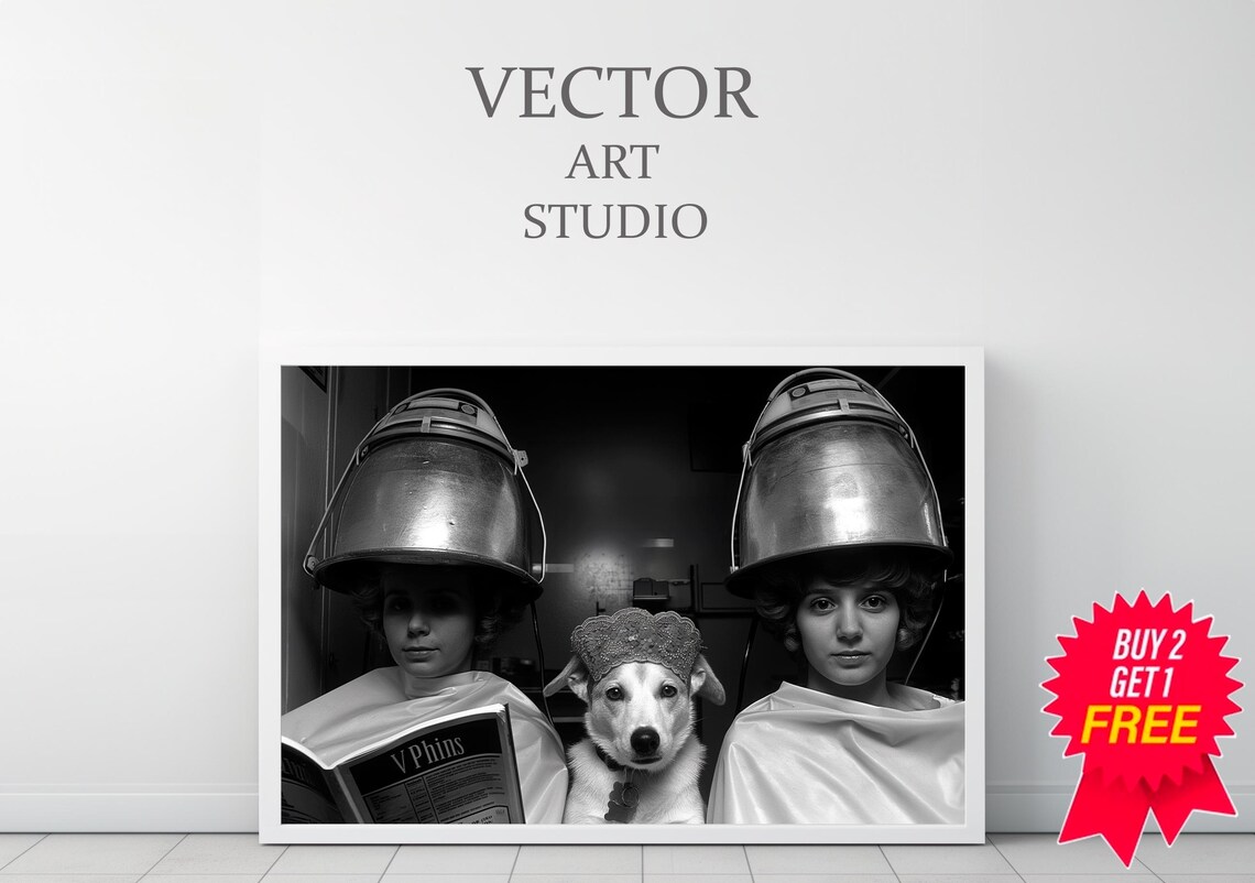 Funny Two Women and Dog Under Hair Dryers Vintage Salon Photo Poster - Image 3