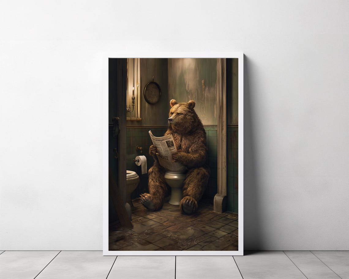 Brown Bear Reading Newspaper on Toilet Vintage Bathroom Poster - Image 3