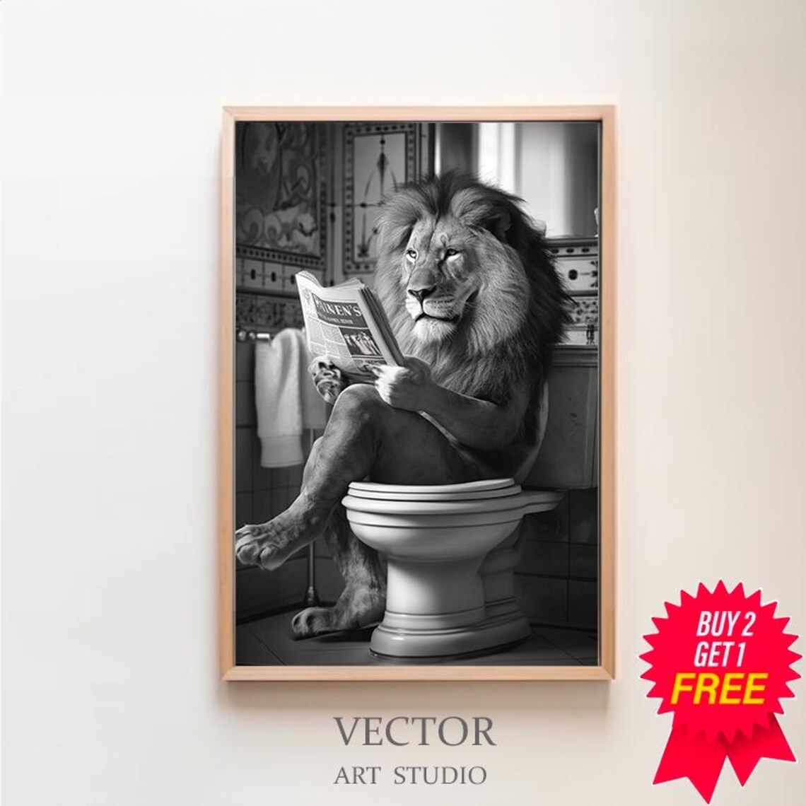 Lion in Toilet Bathroom Art Print, Black and White