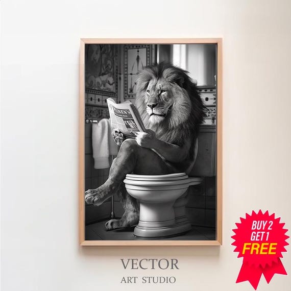 Lion in Toilet Bathroom Art Print, Black and White