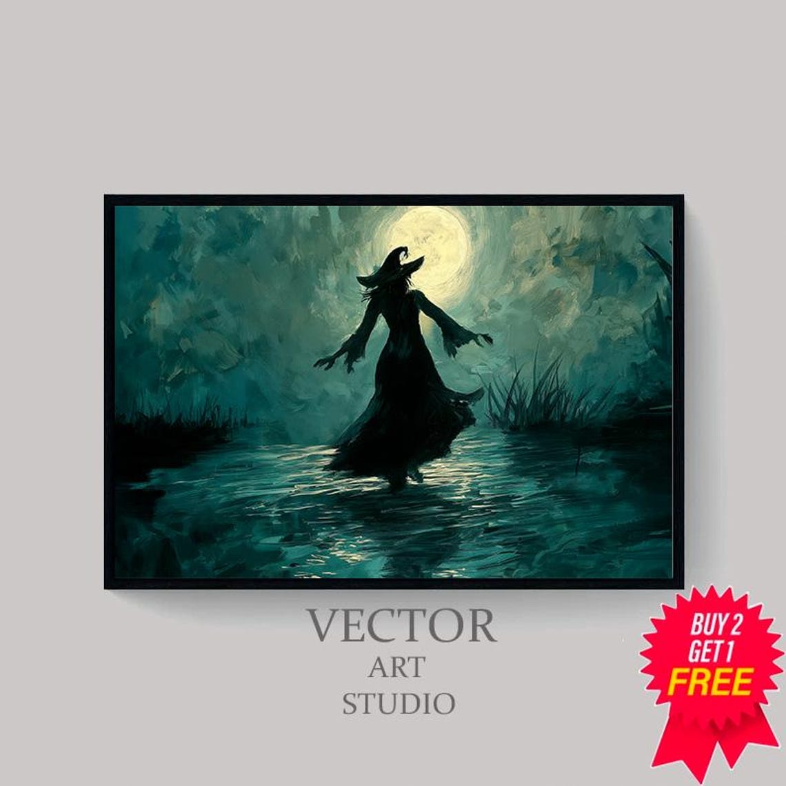 Witch Silhouette Standing in Moonlit Water Halloween Art Poster - Image 4