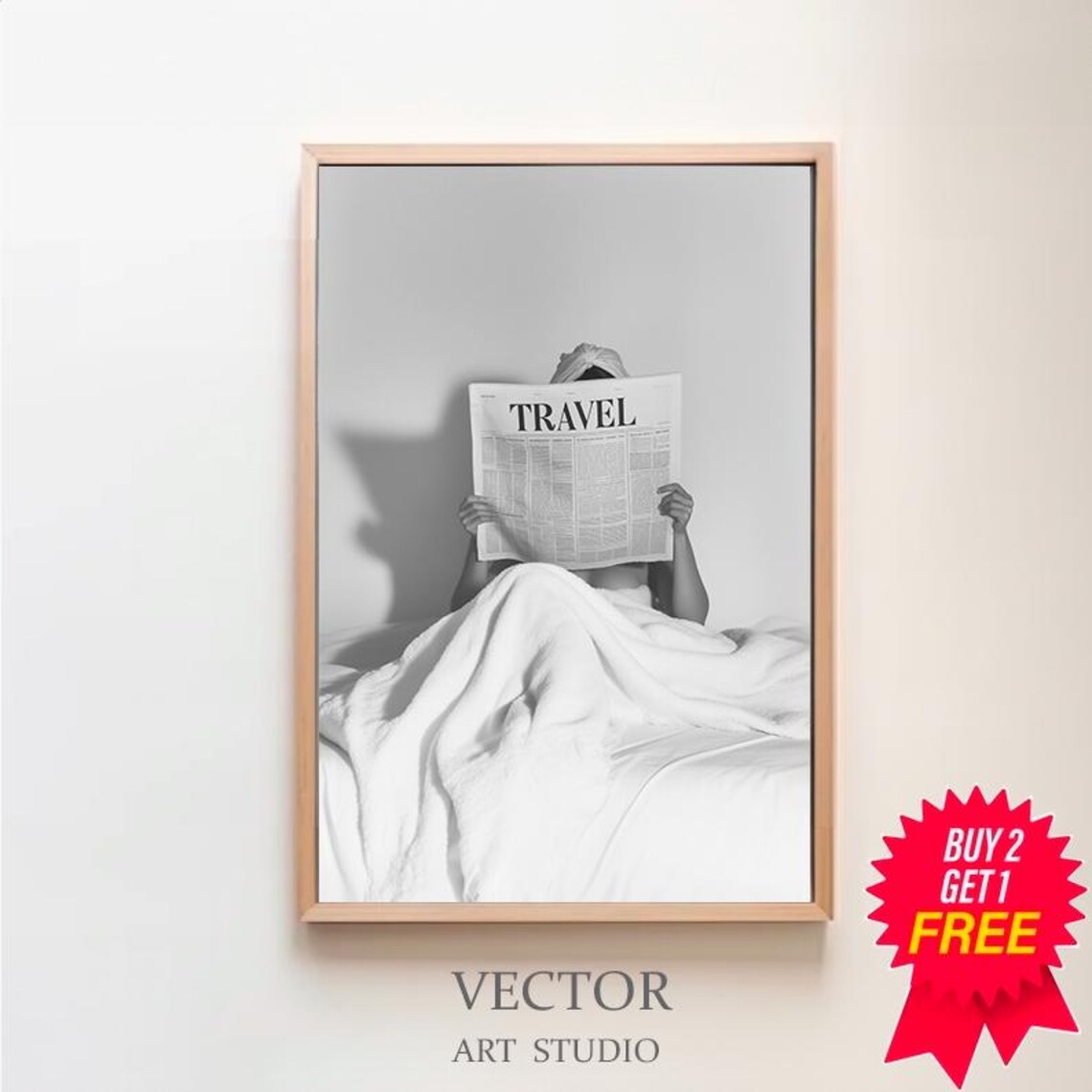 Reading Travel Newspaper in Bed Cozy Minimalist Photo Poster