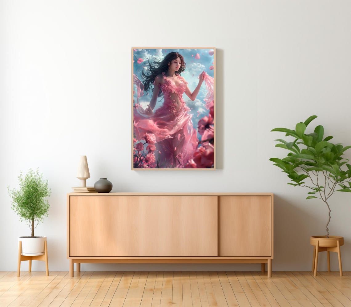 Goddess Aphrodite in a Pink Gown among Flowers and Clouds Poster - Image 2