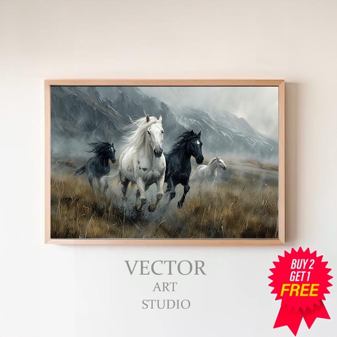 Wild Horses Stampede Golden Grass Misty Mountain Hills Poster