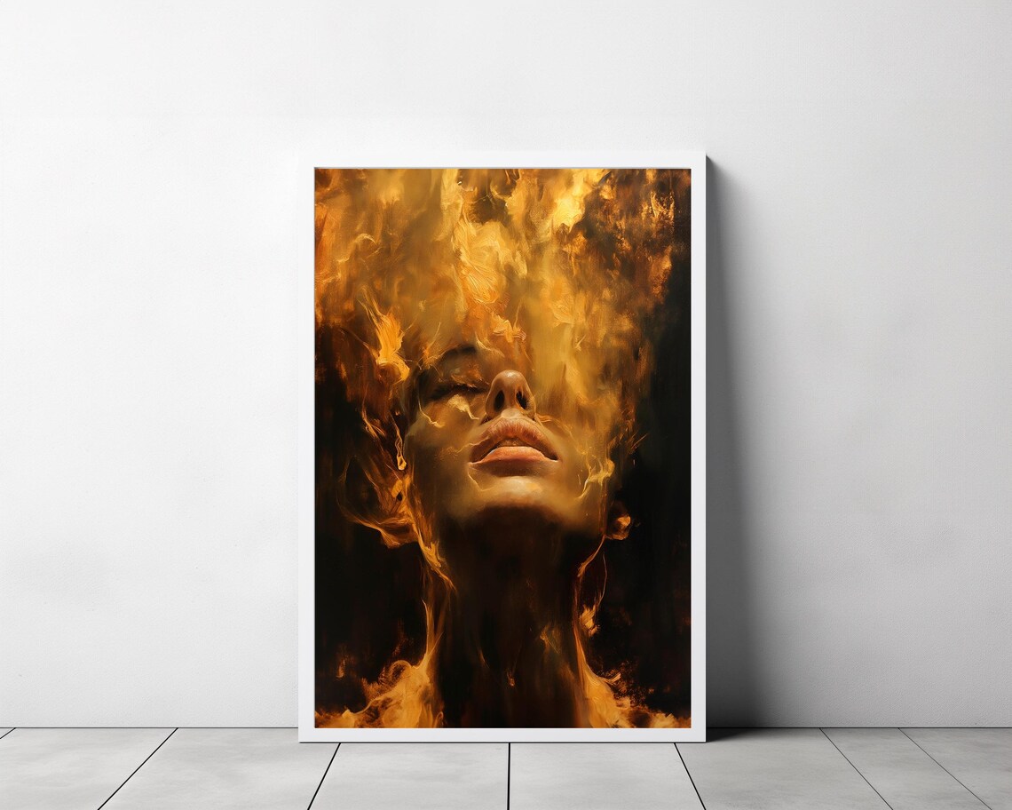 Woman Face Emerging from Swirling Golden Flames Moody Fire Poster - Image 3