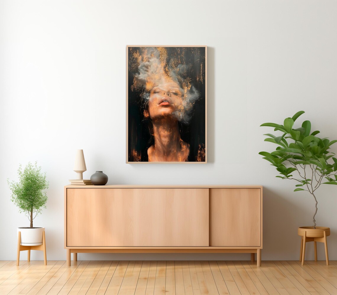Golden Smoke Woman Portrait Dramatic Dark Surreal Art Poster - Image 2