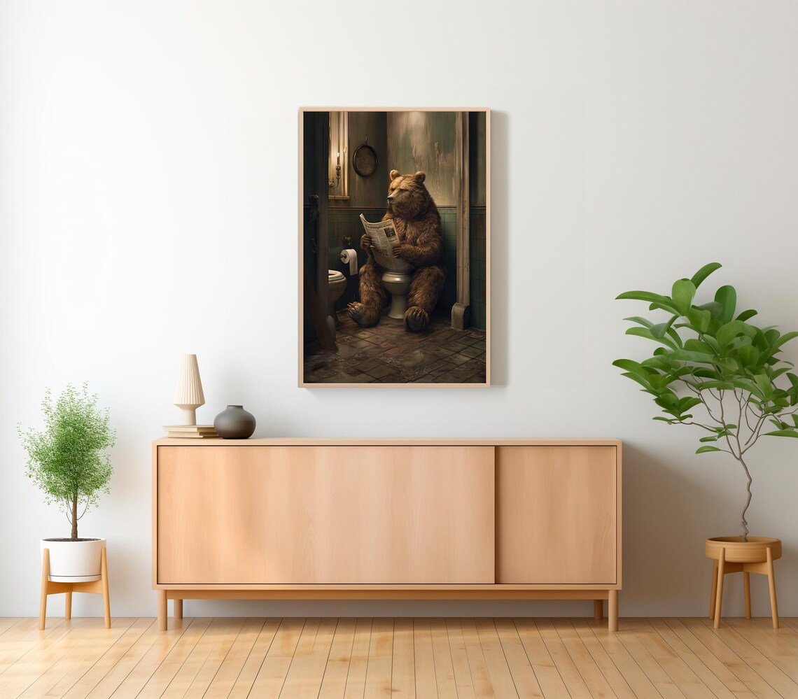 Brown Bear Reading Newspaper on Toilet Vintage Bathroom Poster - Image 2