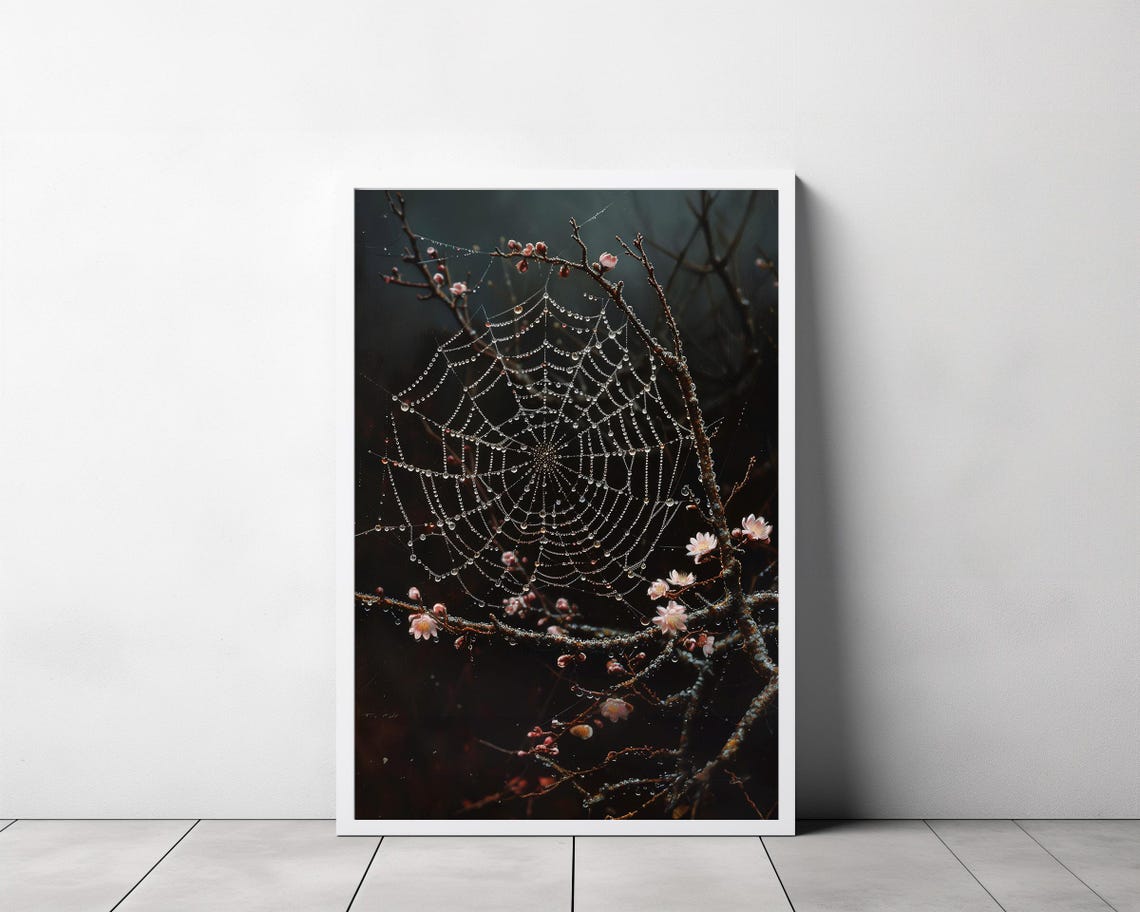 Dewy Spider Web Glinting on Blossoming Branches Moody Poster - Image 3