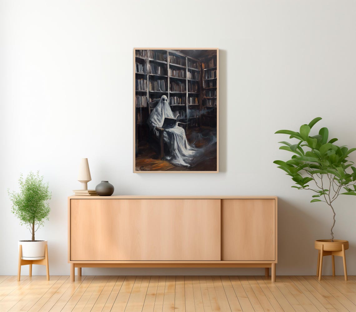 Wispy Ghost Reading In Armchair Deep In Dark Library Halloween Poster - Image 2