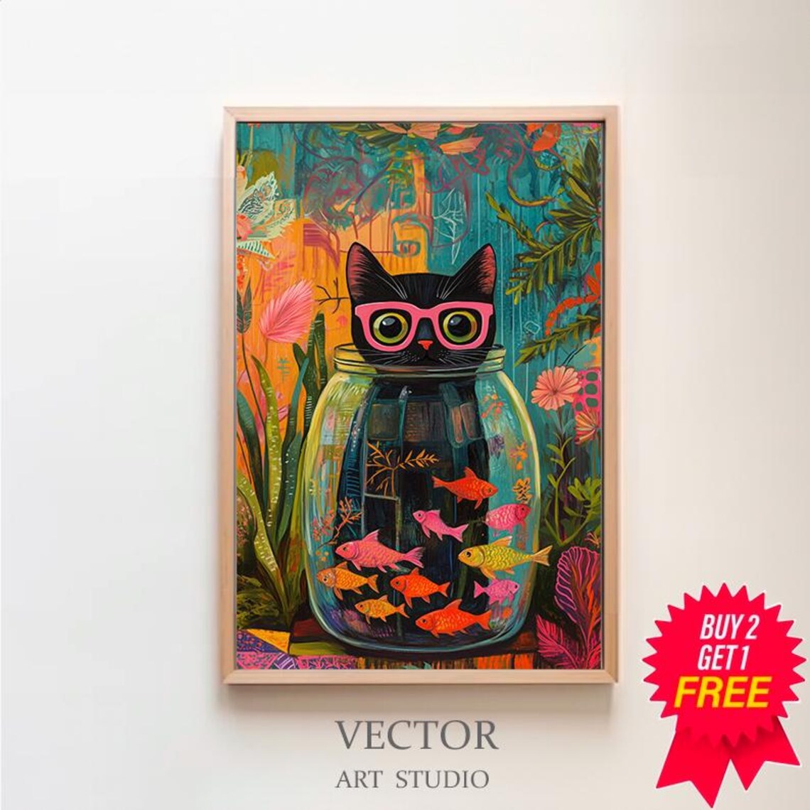 Matisse-Inspired Goldfish and Black Cat Art Print