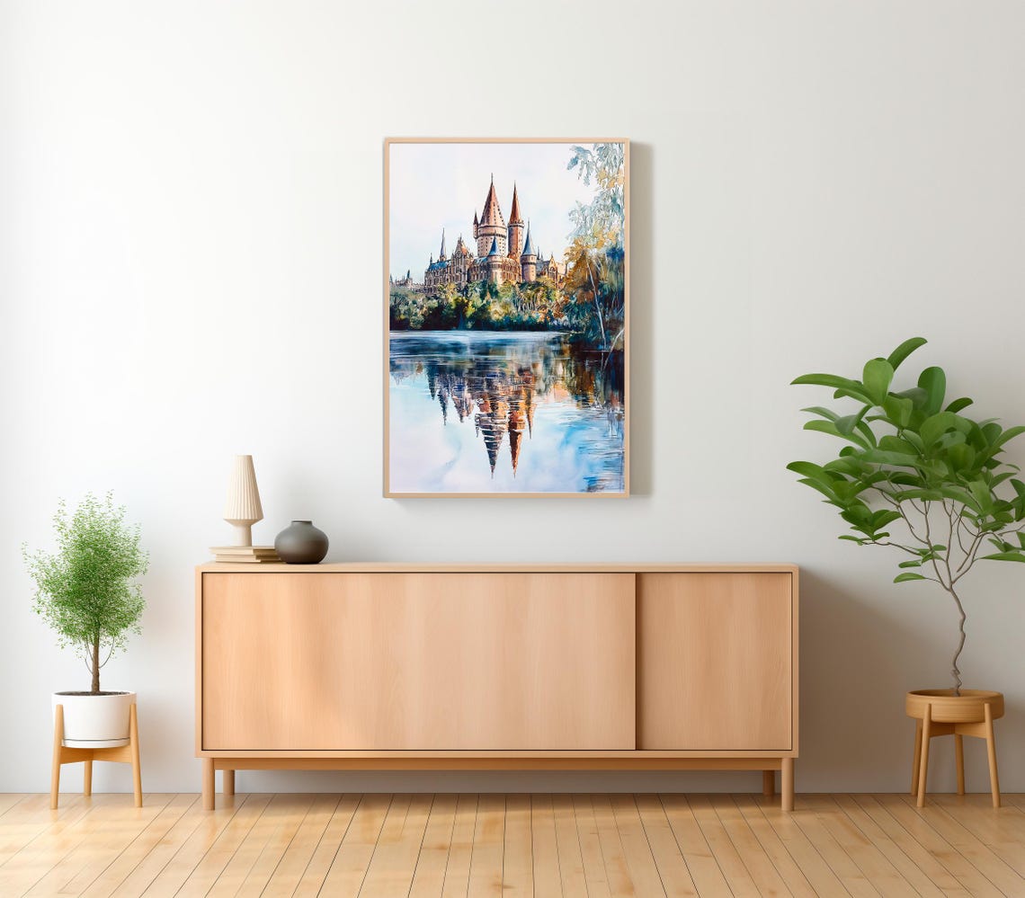 Magical Castle Summer Watercolour Charming Wizard Art Wizarding World Enthusiasts Witchcraft Great Lake At Spring Magical School Print - Image 2