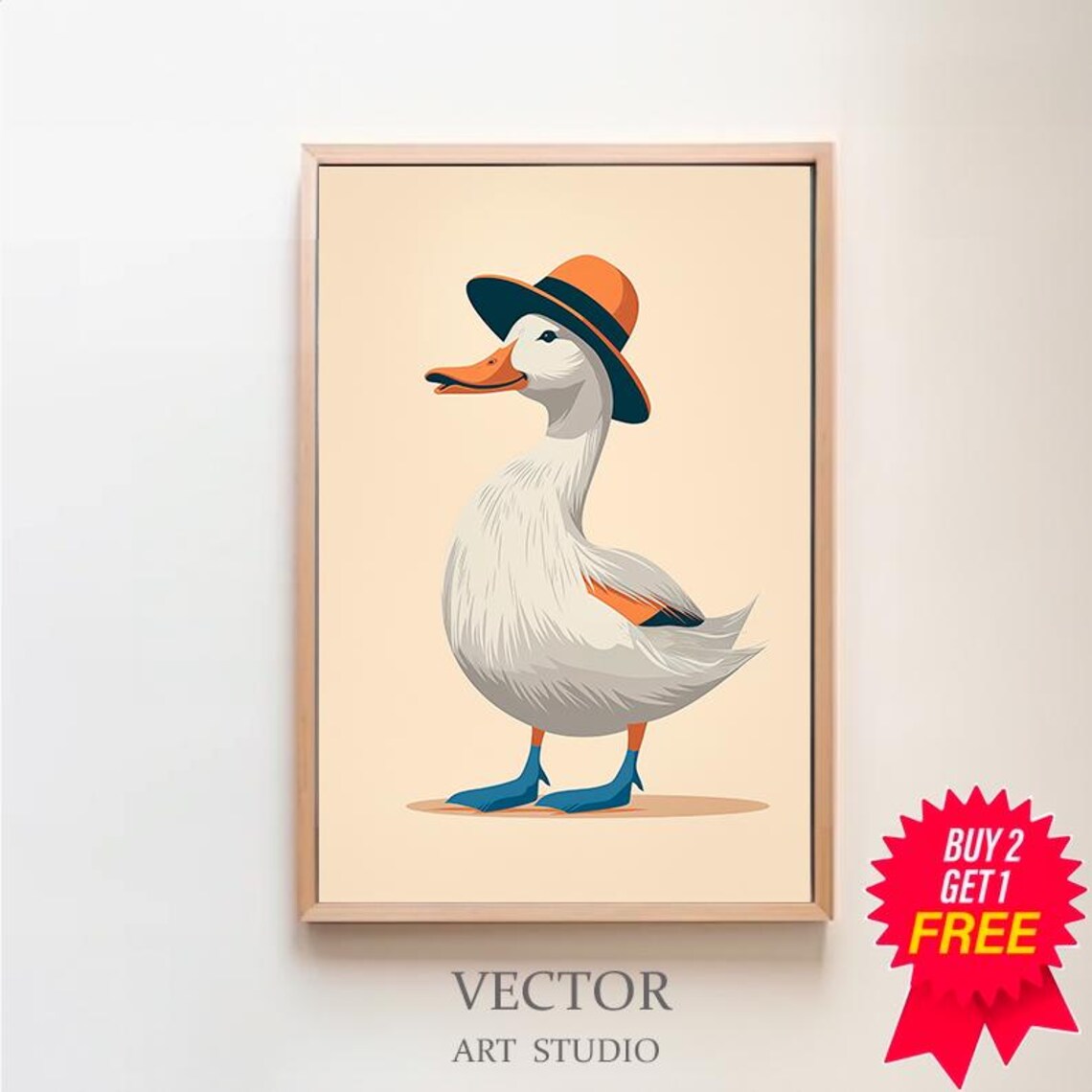 Stylish Cartoon Duck in Orange Fedora Hat Cute Kids Room Poster