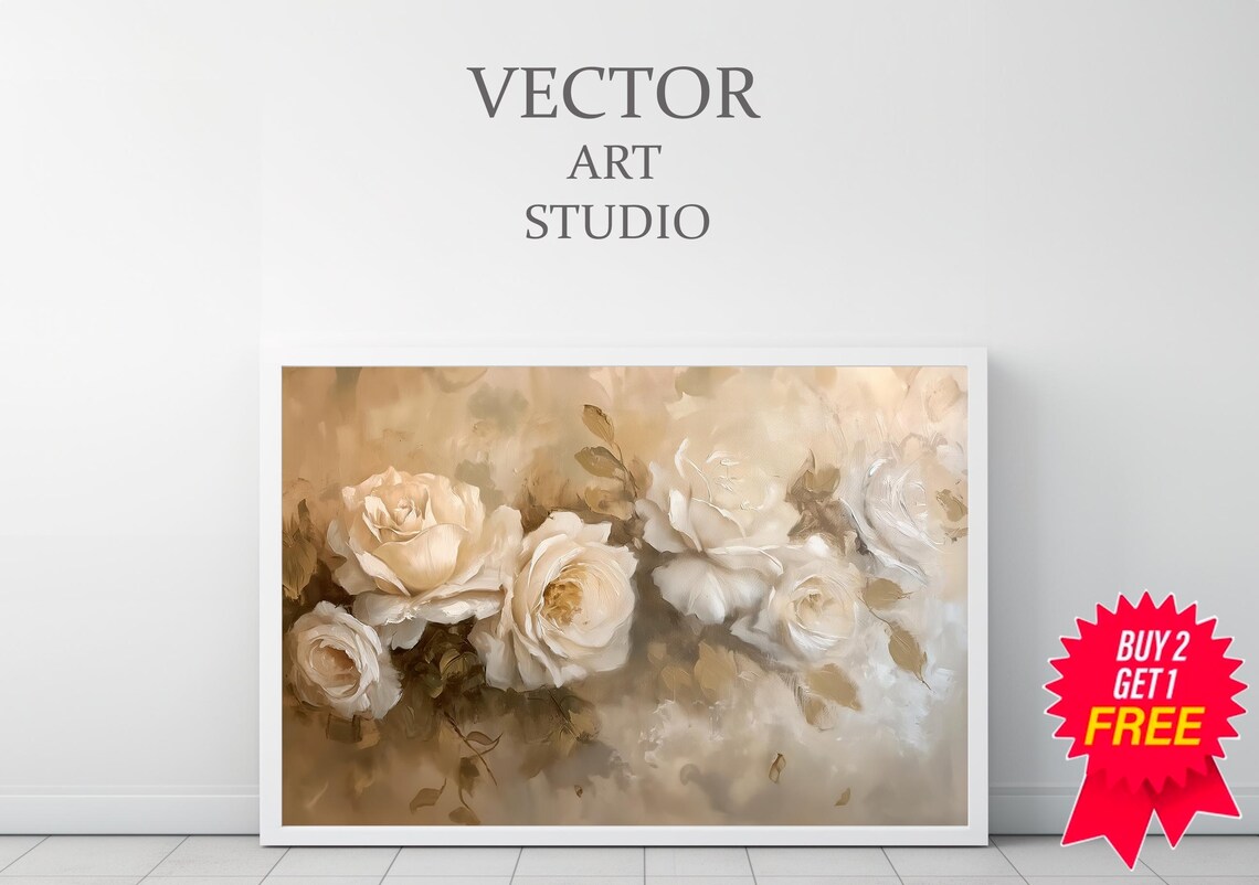 Cream White Roses Neutral Elegant Victorian Floral Painting Poster - Image 3