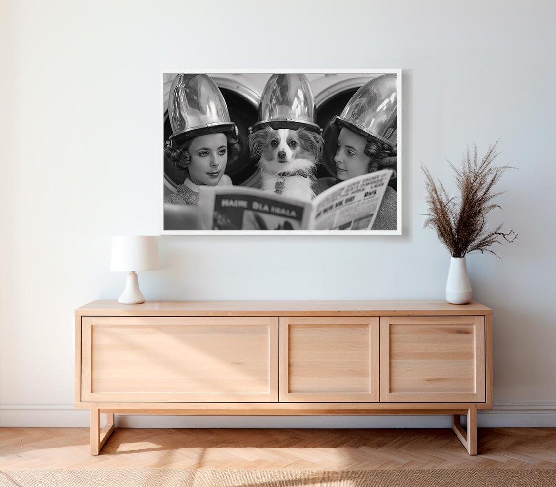 Funny Women with Dog Under Vintage Hair Dryers Reading News Poster - Image 2