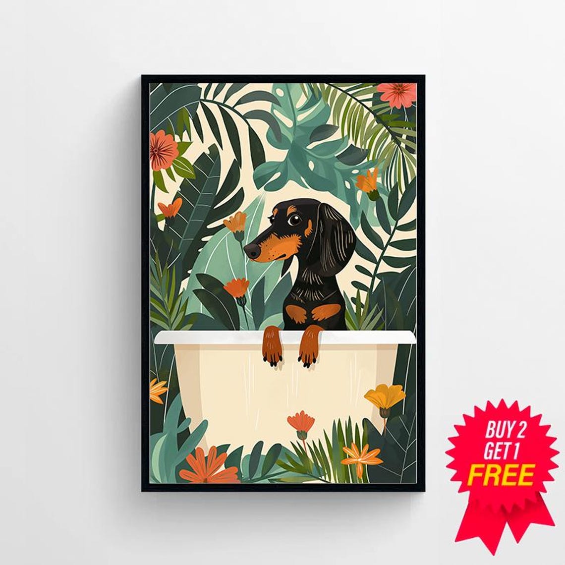 Dachshund Standing Alert in White Bathtub Monstera Leaves Poster - Image 4