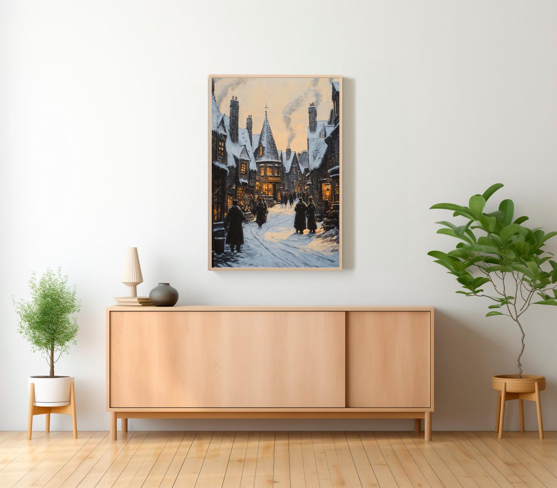 Snowy Wizard Town Street At Dusk Cloaked Figures Winter Poster - Image 2
