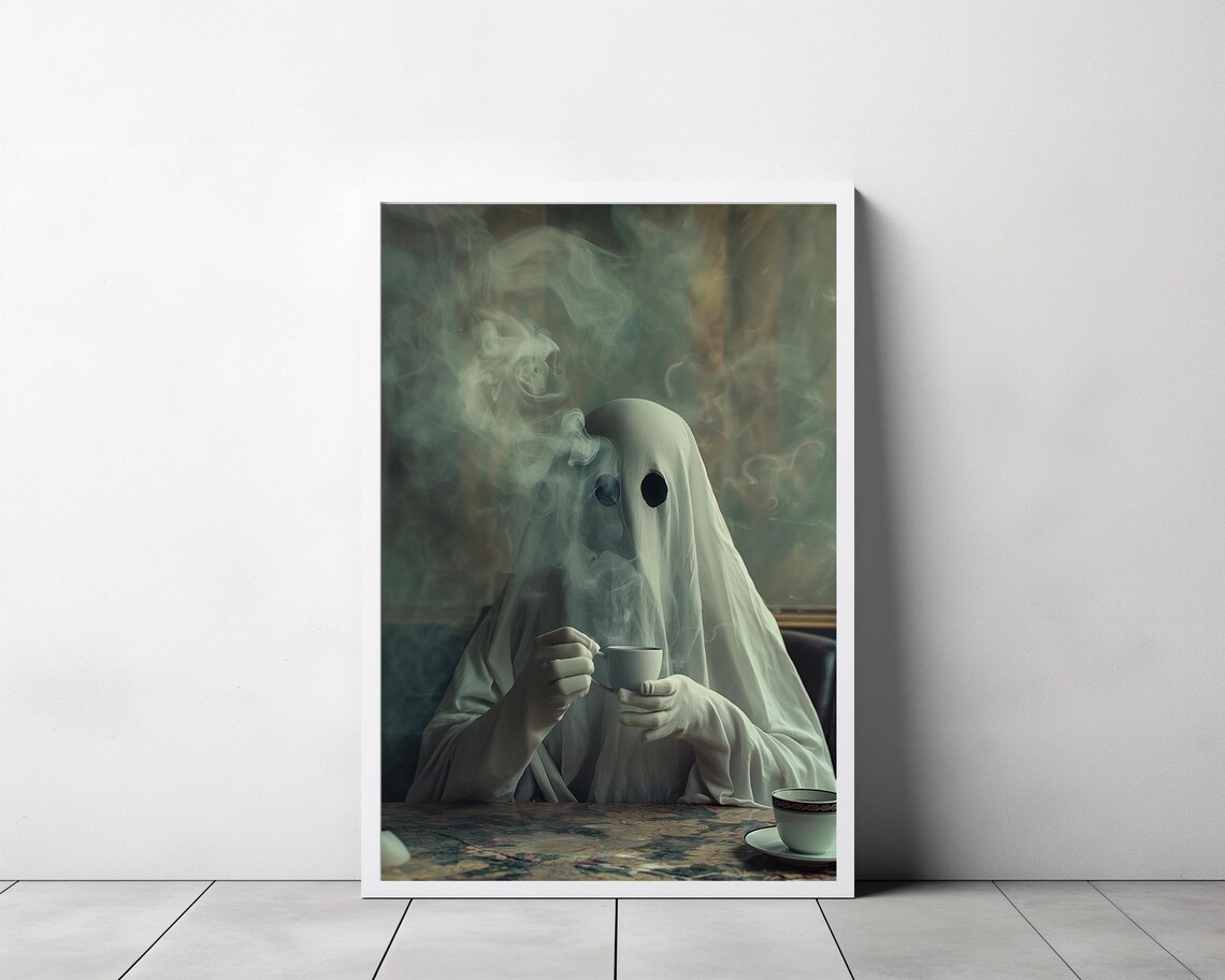 Cute Ghost Drinking Coffee In Smoky Moody Dark Academia Art Poster - Image 3