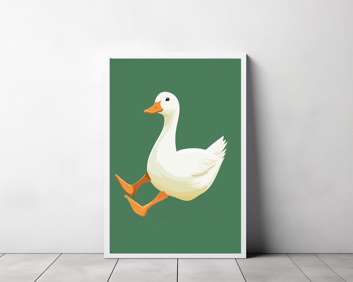Cute White Goose Running on Dark Green Vector Nursery Poster - Image 3