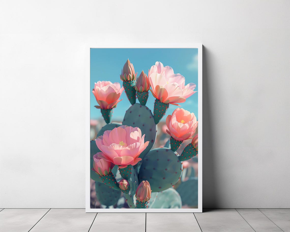 Blooming Prickly Pear Cactus Pink Flowers Botanical Desert Poster - Image 3