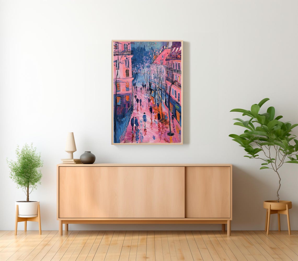 Pink Parisian Street at Dusk Rainy Cityscape Oil Painting Poster - Image 2