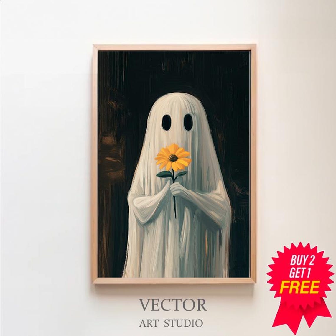 Sheet Ghost Holding a Yellow Daisy Flower Dark Spooky Art Poster