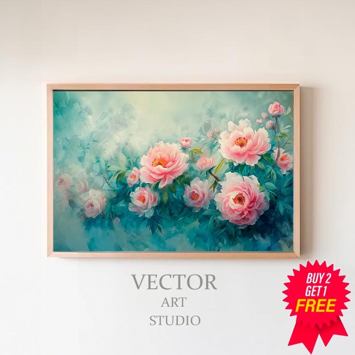 Pink Peony Blossoms Teal Watercolor Spring Floral Bloom Poster