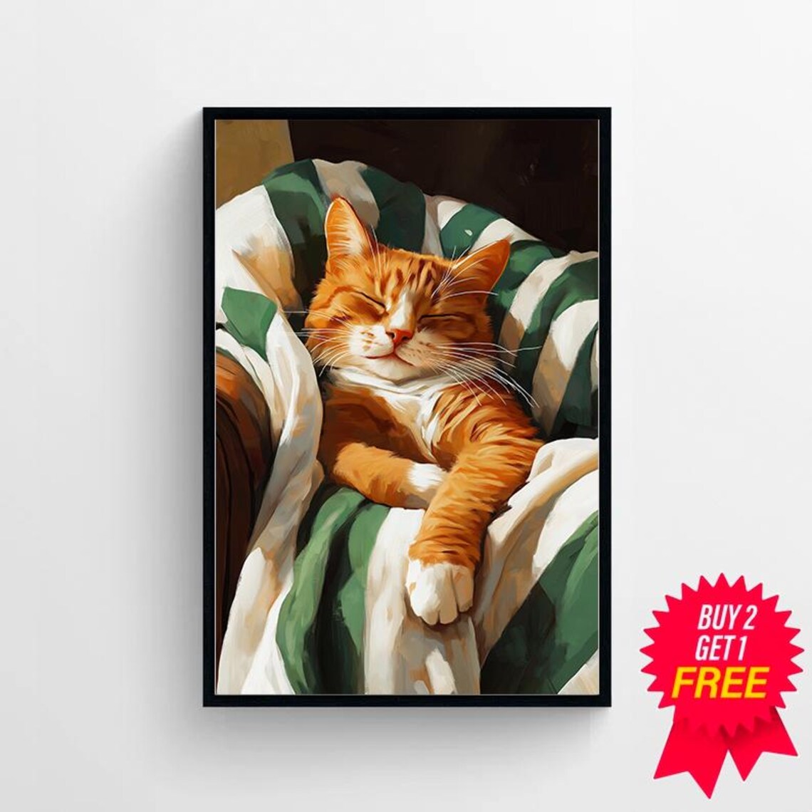 Sleeping Ginger Cat Snuggled in a Green and White Striped Blanket Poster - Image 4