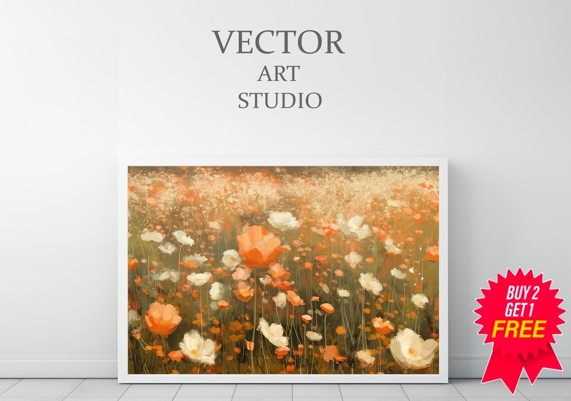 Soft Focus Orange and White Wildflowers in a Vintage Style Art Poster - Image 3
