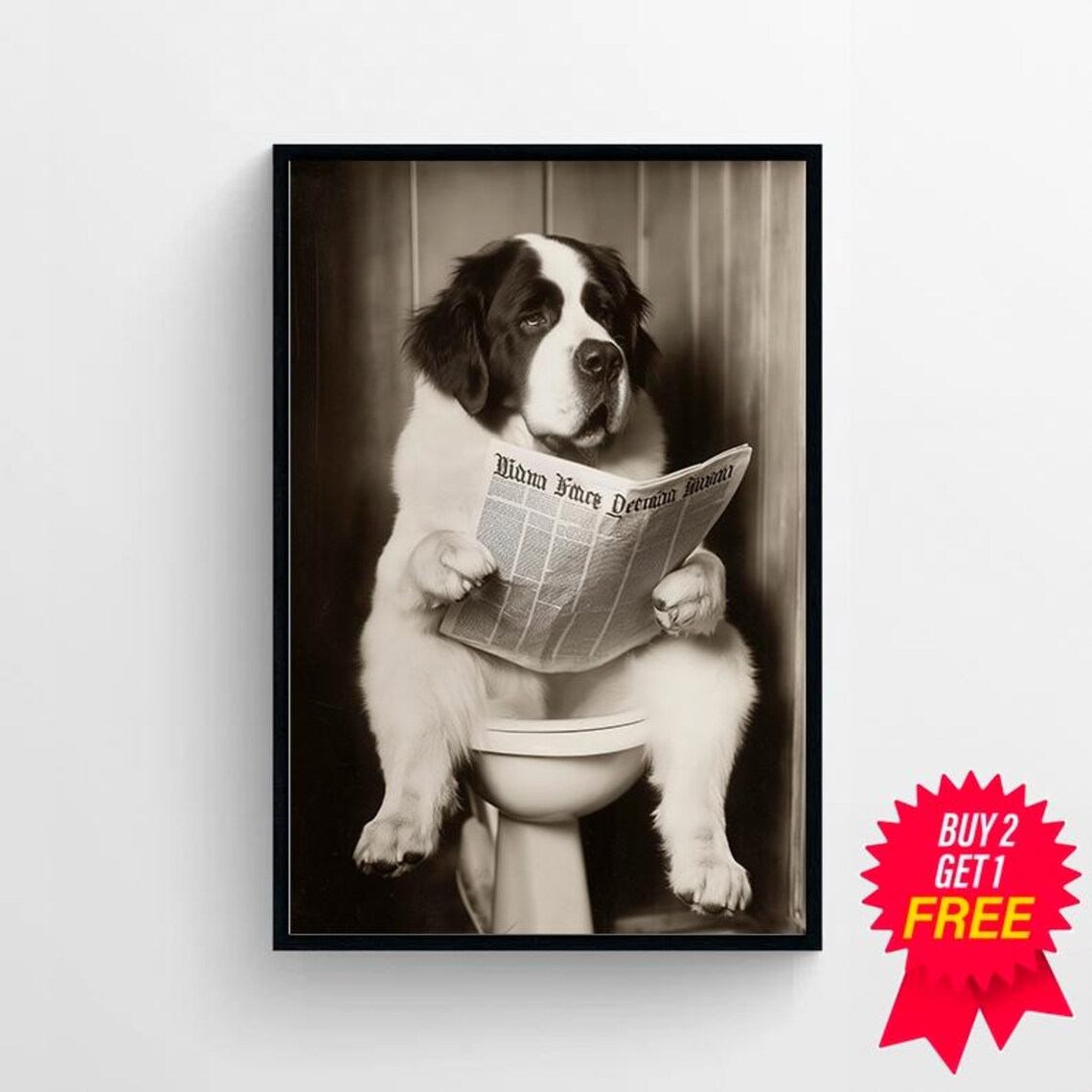 Saint Bernard Puppy On Toilet Reading Newspaper Sepia Photo Poster - Image 4