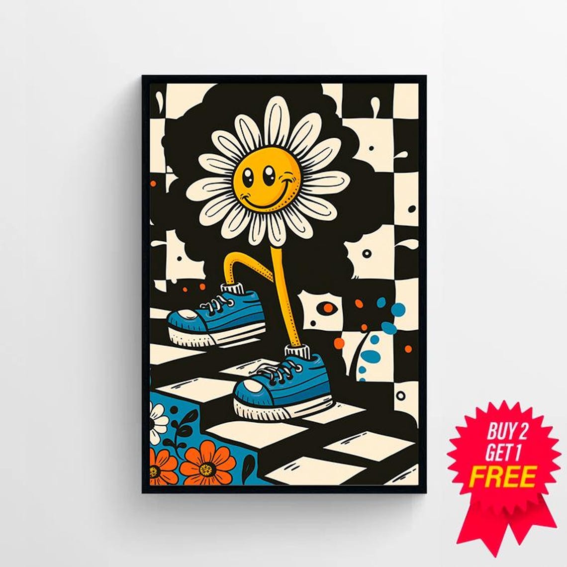 Winking Daisy Sneakers Checkered Pop Art Retro Flower Poster - Image 4