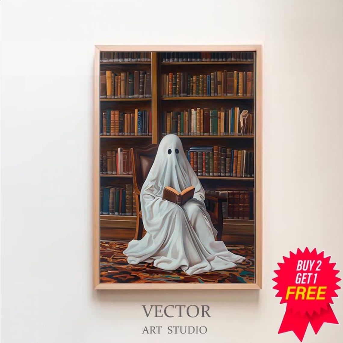 Sweet Ghost Reading In Leather Chair In Warm Vintage Library Poster