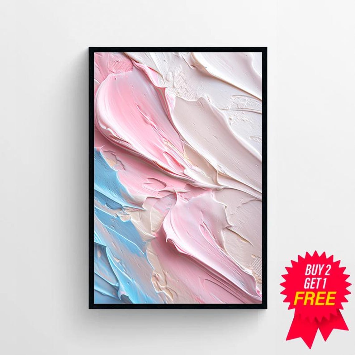 Soft Pastel Pink and Blue Abstract Impasto Textured Wall Art - Image 4