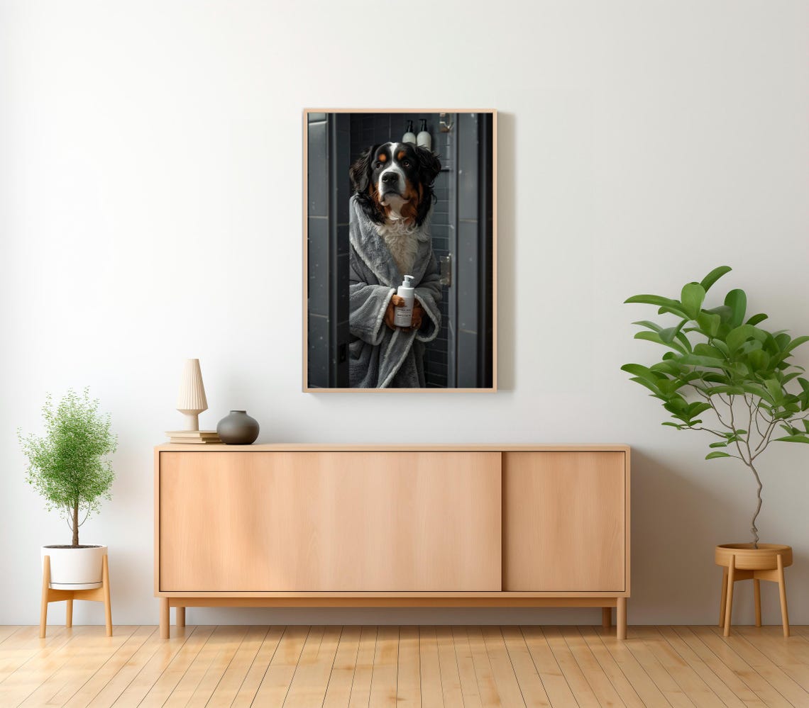 Bernese Mountain Dog in Gray Bathrobe Holding Bottle Funny Poster - Image 2